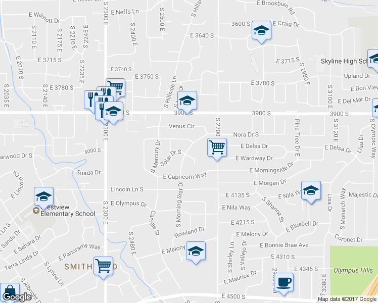 map of restaurants, bars, coffee shops, grocery stores, and more near 4001 South Morning Star Drive in Holladay