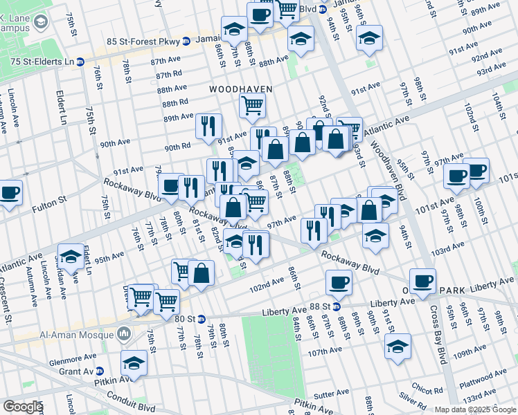map of restaurants, bars, coffee shops, grocery stores, and more near 85-08 95th Avenue in Queens
