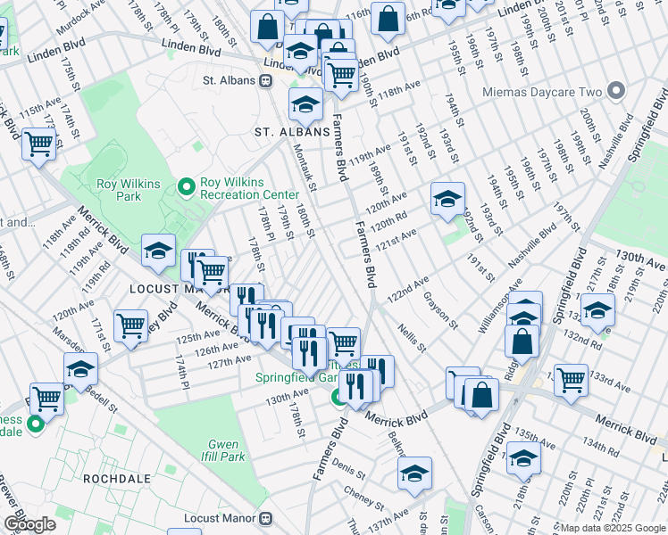 map of restaurants, bars, coffee shops, grocery stores, and more near 121-11 180th Street in Queens