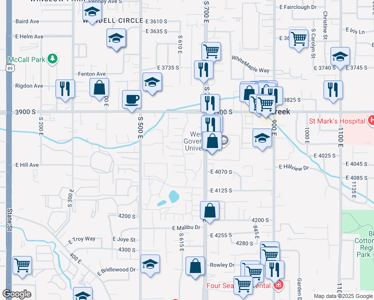 map of restaurants, bars, coffee shops, grocery stores, and more near 651 East 4025 South in Millcreek