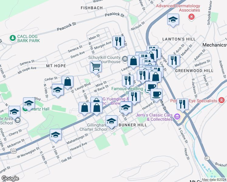map of restaurants, bars, coffee shops, grocery stores, and more near 207 North 6th Street in Pottsville