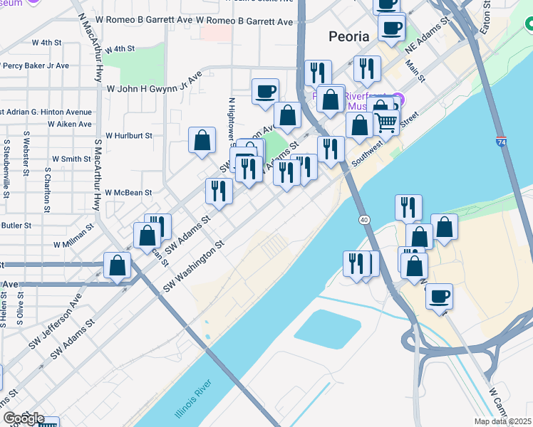 map of restaurants, bars, coffee shops, grocery stores, and more near 816 Southwest Washington Street in Peoria