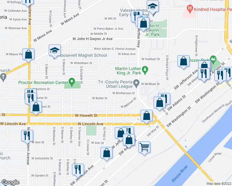 map of restaurants, bars, coffee shops, grocery stores, and more near 398 South Charlton Street in Peoria