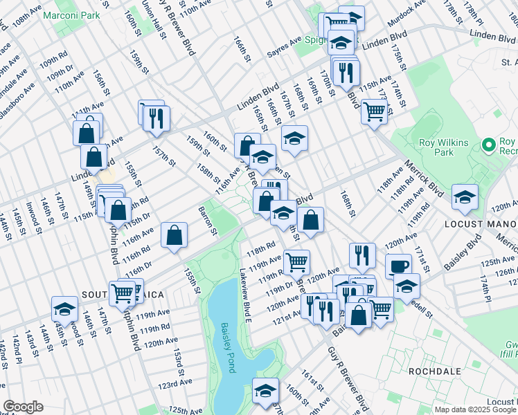 map of restaurants, bars, coffee shops, grocery stores, and more near 116-80 Guy R Brewer Boulevard in Queens