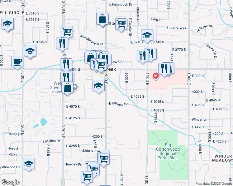 map of restaurants, bars, coffee shops, grocery stores, and more near 3975 South 900 East in Millcreek