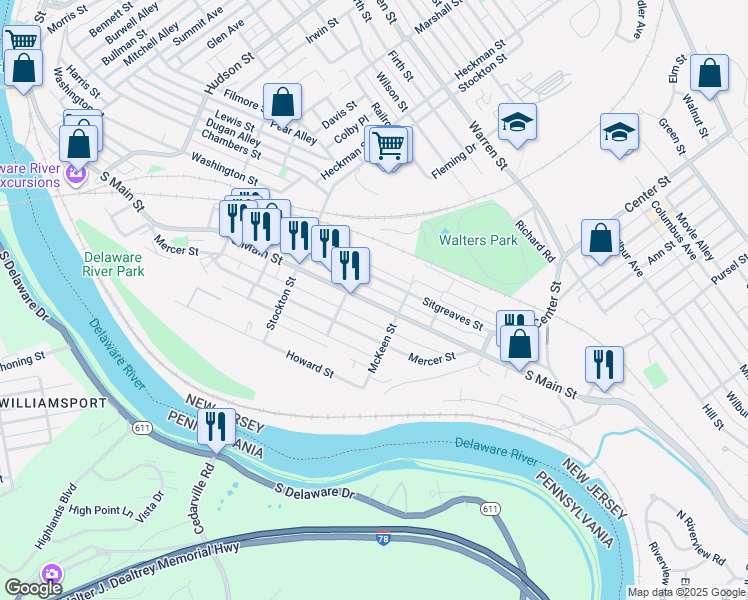 map of restaurants, bars, coffee shops, grocery stores, and more near 527 South Main Street in Phillipsburg