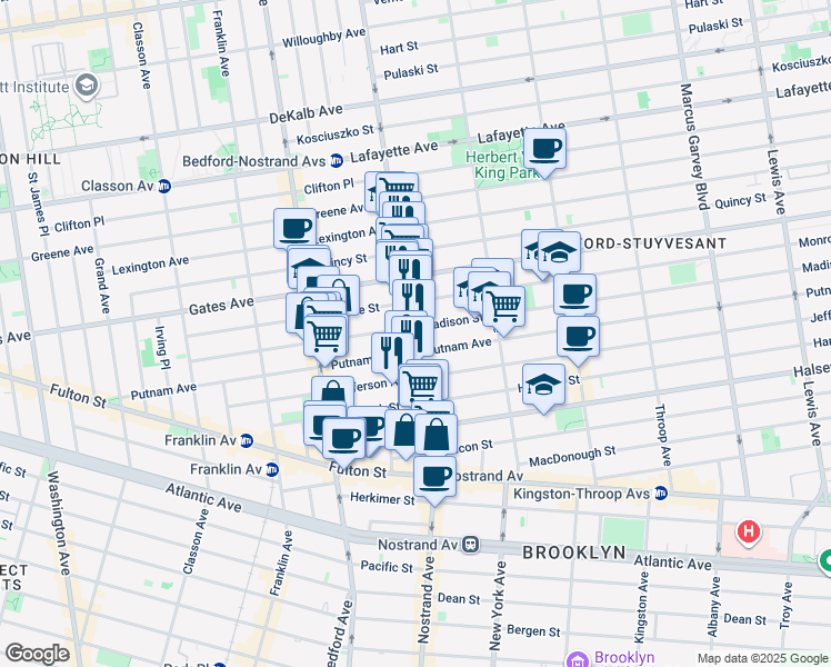 map of restaurants, bars, coffee shops, grocery stores, and more near 224 Madison Street in Brooklyn