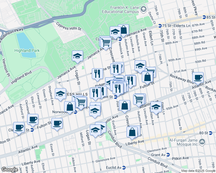 map of restaurants, bars, coffee shops, grocery stores, and more near 86 Pine Street in Brooklyn