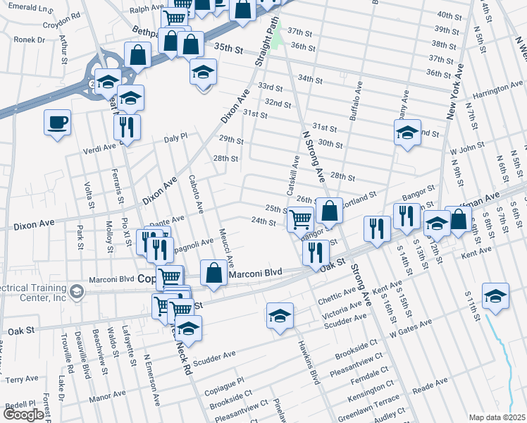 map of restaurants, bars, coffee shops, grocery stores, and more near 164 25th St in Copiague