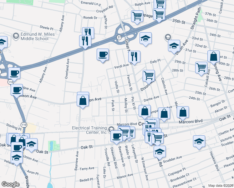 map of restaurants, bars, coffee shops, grocery stores, and more near 155 Dixon Avenue in Copiague