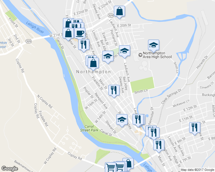 map of restaurants, bars, coffee shops, grocery stores, and more near 1543 Main St in Northampton