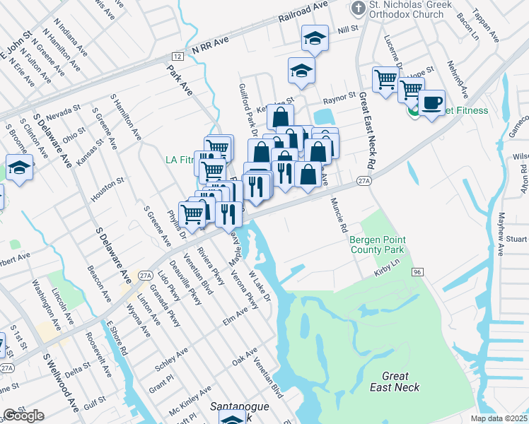 map of restaurants, bars, coffee shops, grocery stores, and more near 895 Montauk Highway in West Babylon