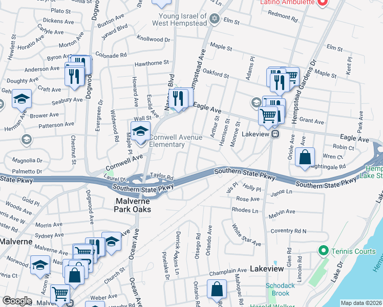 map of restaurants, bars, coffee shops, grocery stores, and more near 904 Eisenhower Drive in West Hempstead