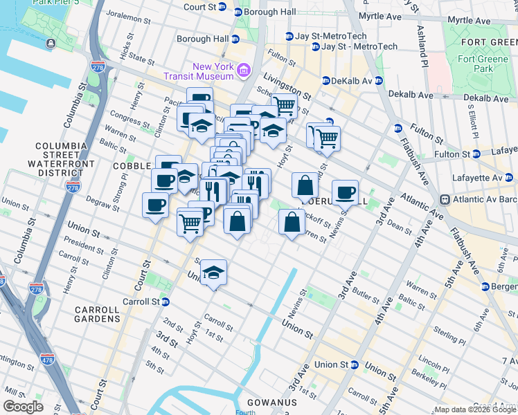 map of restaurants, bars, coffee shops, grocery stores, and more near Warren Street in Brooklyn