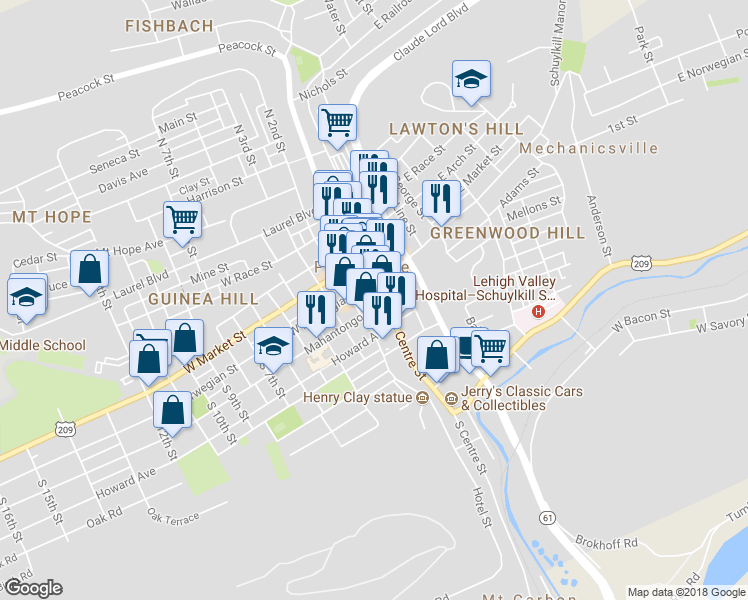 map of restaurants, bars, coffee shops, grocery stores, and more near 21 South Centre Street in Pottsville