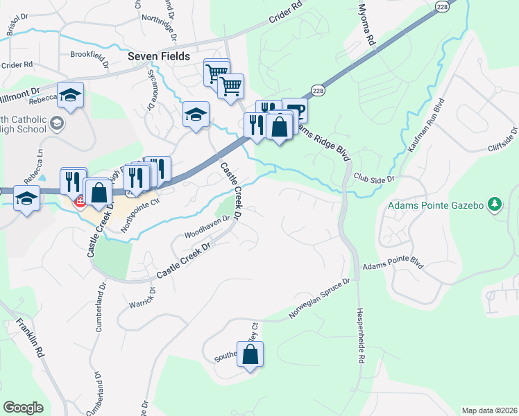 map of restaurants, bars, coffee shops, grocery stores, and more near 131 Forest Drive in Seven Fields