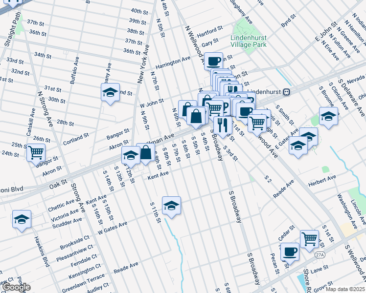 map of restaurants, bars, coffee shops, grocery stores, and more near 125 South 6th Street in Lindenhurst