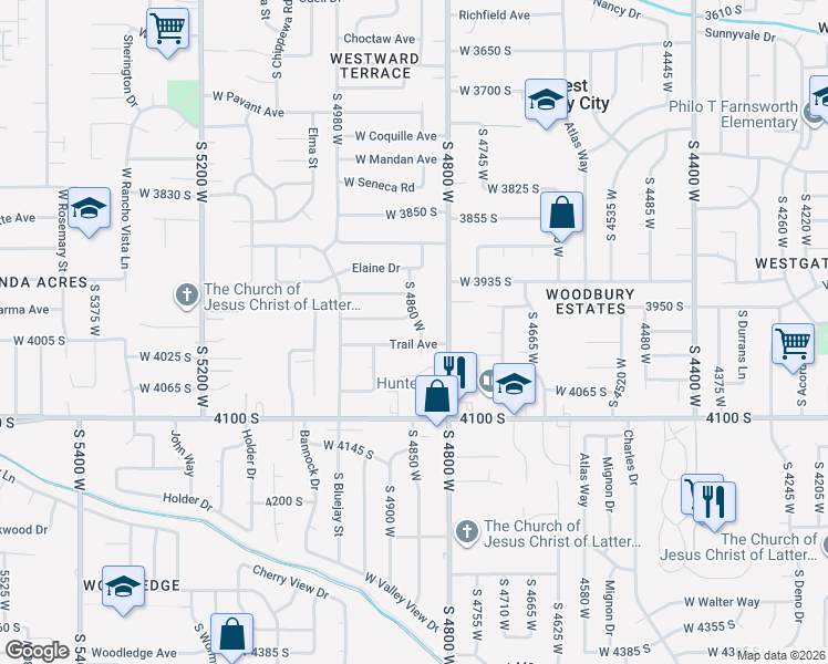 map of restaurants, bars, coffee shops, grocery stores, and more near 4830 Trail Avenue in Salt Lake City