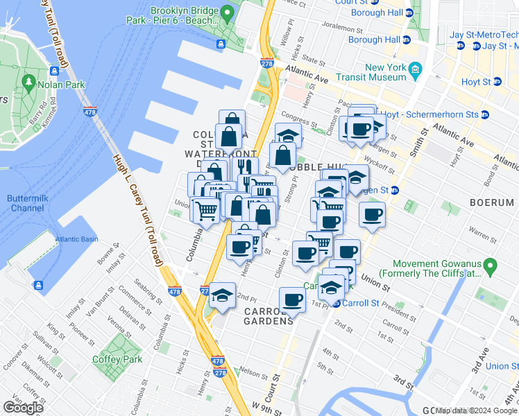 map of restaurants, bars, coffee shops, grocery stores, and more near 492 Henry Street in Brooklyn
