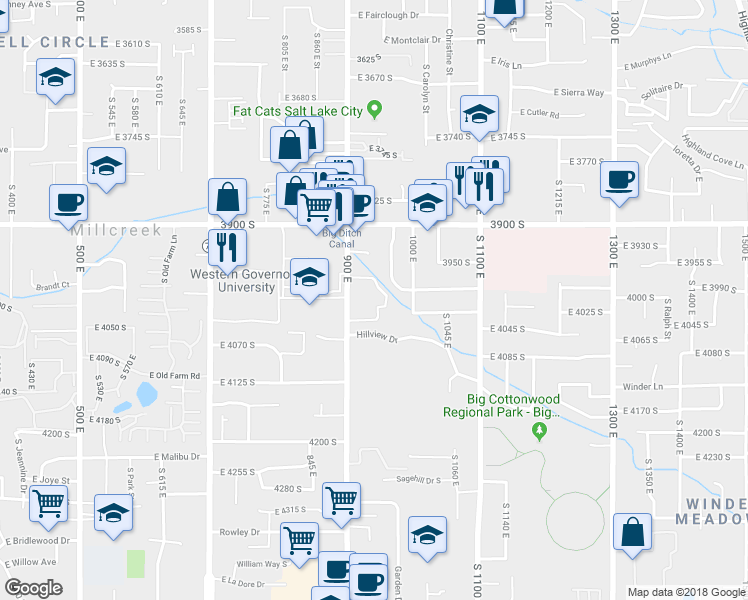 map of restaurants, bars, coffee shops, grocery stores, and more near 3975 South 900 East in Millcreek