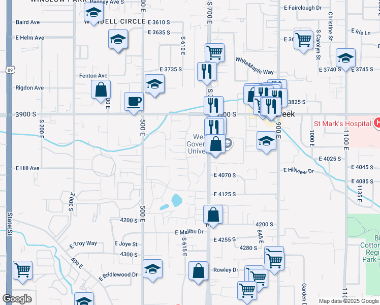 map of restaurants, bars, coffee shops, grocery stores, and more near 652 East 4025 South in Murray
