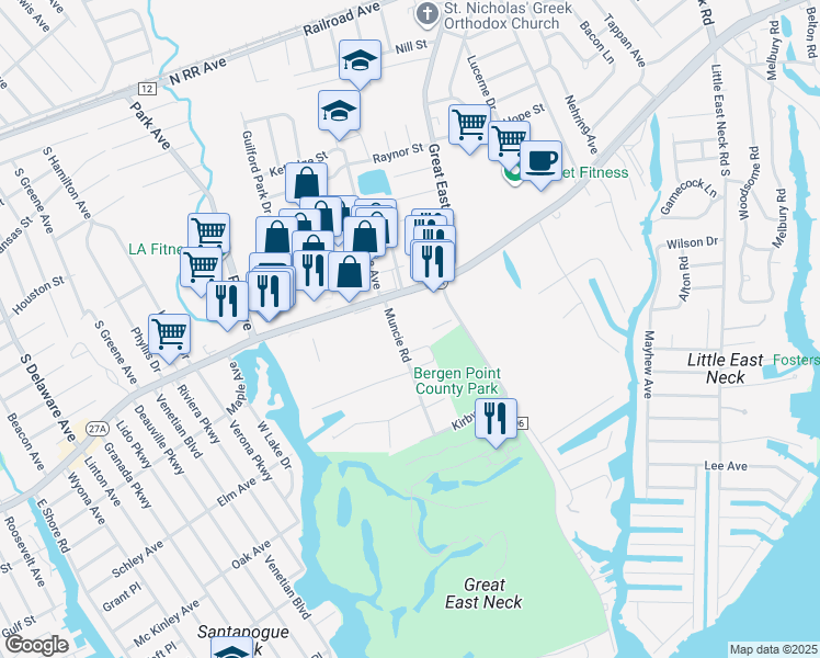 map of restaurants, bars, coffee shops, grocery stores, and more near 112 Curcio Court in West Babylon