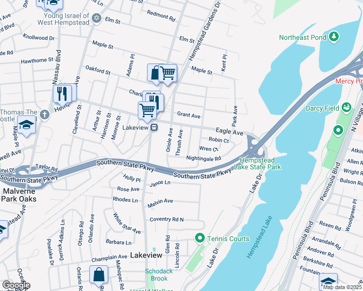 map of restaurants, bars, coffee shops, grocery stores, and more near 719 Thrush Avenue in West Hempstead