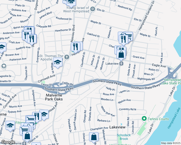 map of restaurants, bars, coffee shops, grocery stores, and more near 280 Sylvan Drive in West Hempstead