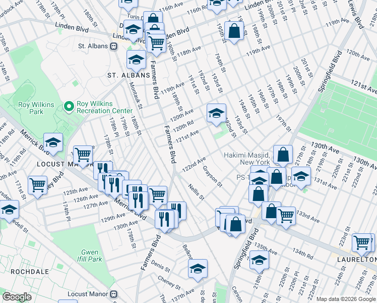 map of restaurants, bars, coffee shops, grocery stores, and more near 121-31 Milburn Street in Queens