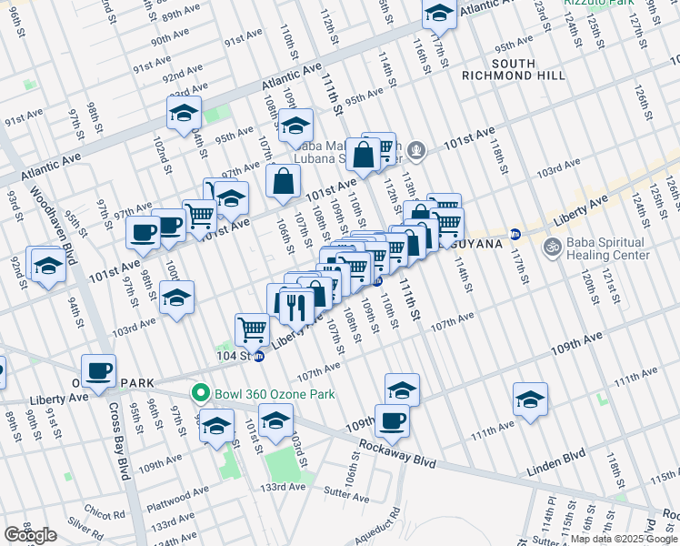 map of restaurants, bars, coffee shops, grocery stores, and more near 103-21 107th Street in Queens
