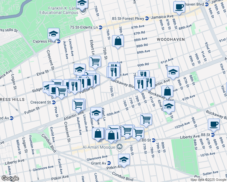 map of restaurants, bars, coffee shops, grocery stores, and more near 92-51 75th Street in Queens