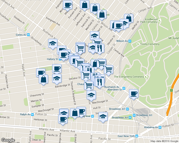 map of restaurants, bars, coffee shops, grocery stores, and more near 35 Cooper Street in Brooklyn