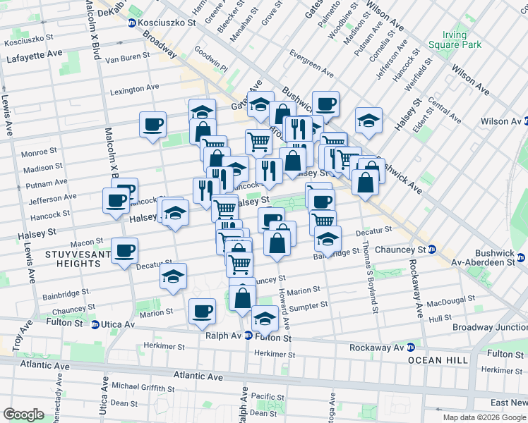 map of restaurants, bars, coffee shops, grocery stores, and more near 653 Howard Avenue in Brooklyn