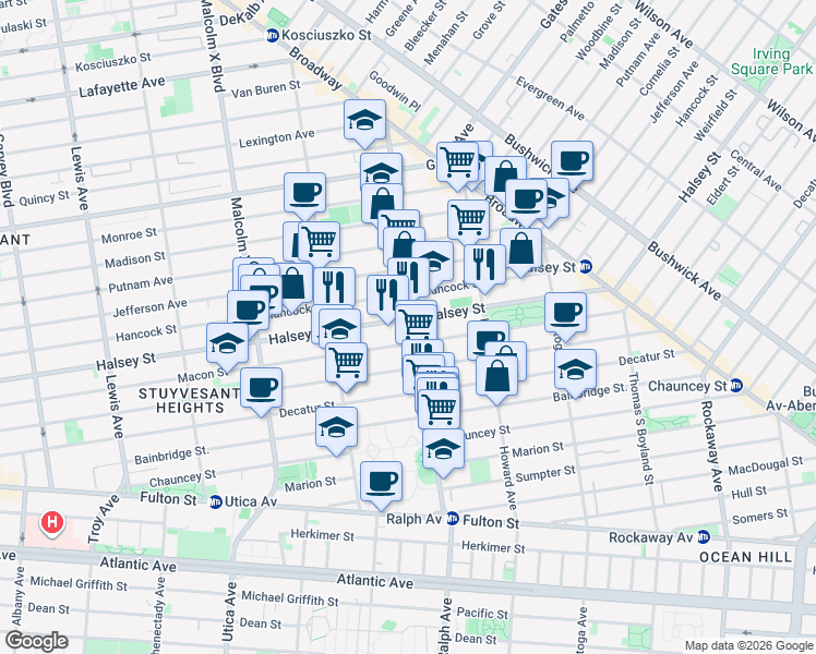 map of restaurants, bars, coffee shops, grocery stores, and more near 774 Halsey Street in Brooklyn