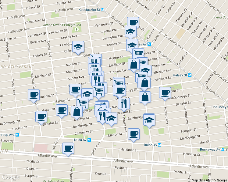 map of restaurants, bars, coffee shops, grocery stores, and more near 625 Halsey Street in Brooklyn