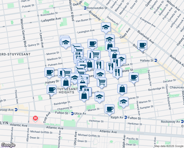 map of restaurants, bars, coffee shops, grocery stores, and more near 625 Halsey Street in Brooklyn