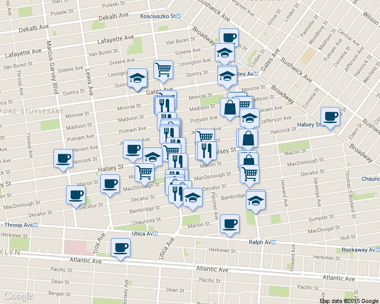 map of restaurants, bars, coffee shops, grocery stores, and more near 625 Halsey Street in Brooklyn