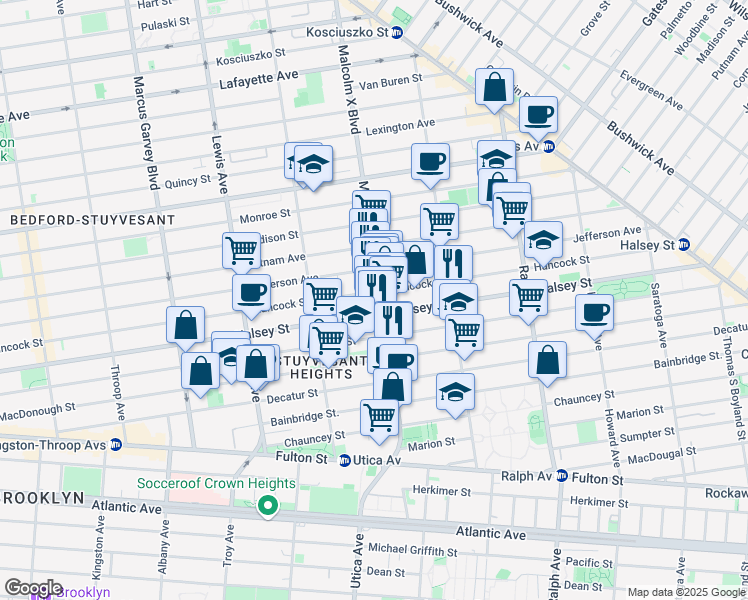 map of restaurants, bars, coffee shops, grocery stores, and more near 668 Hancock Street in Brooklyn