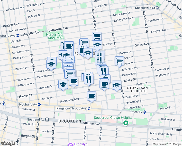 map of restaurants, bars, coffee shops, grocery stores, and more near 521 Throop Avenue in Brooklyn