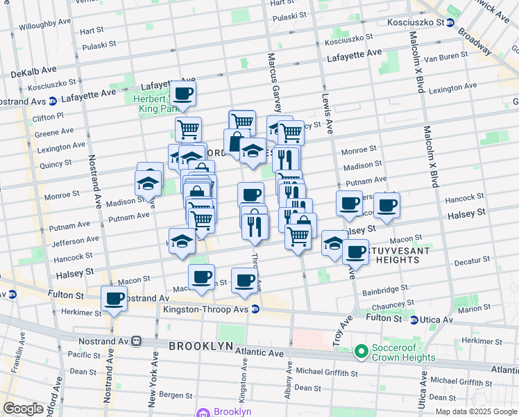 map of restaurants, bars, coffee shops, grocery stores, and more near 521 Throop Avenue in Brooklyn