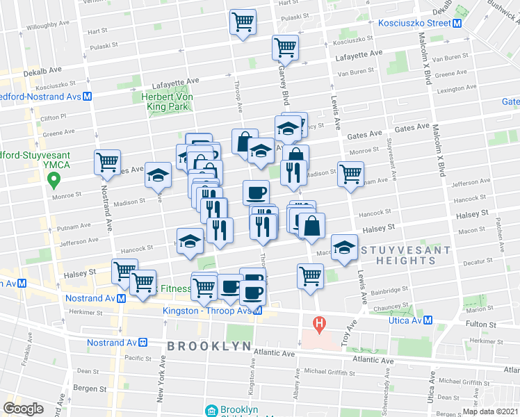 map of restaurants, bars, coffee shops, grocery stores, and more near 521 Throop Avenue in Brooklyn