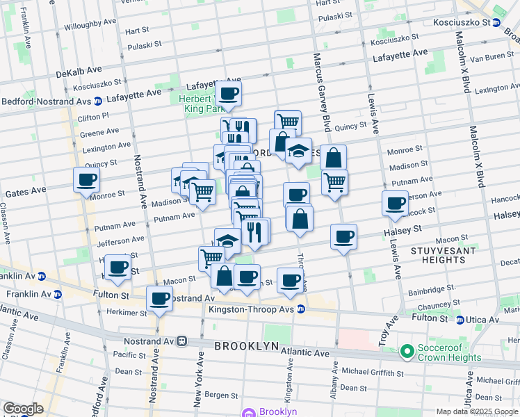 map of restaurants, bars, coffee shops, grocery stores, and more near 430 Putnam Avenue in Brooklyn