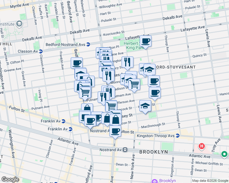 map of restaurants, bars, coffee shops, grocery stores, and more near 224 Madison Street in Brooklyn