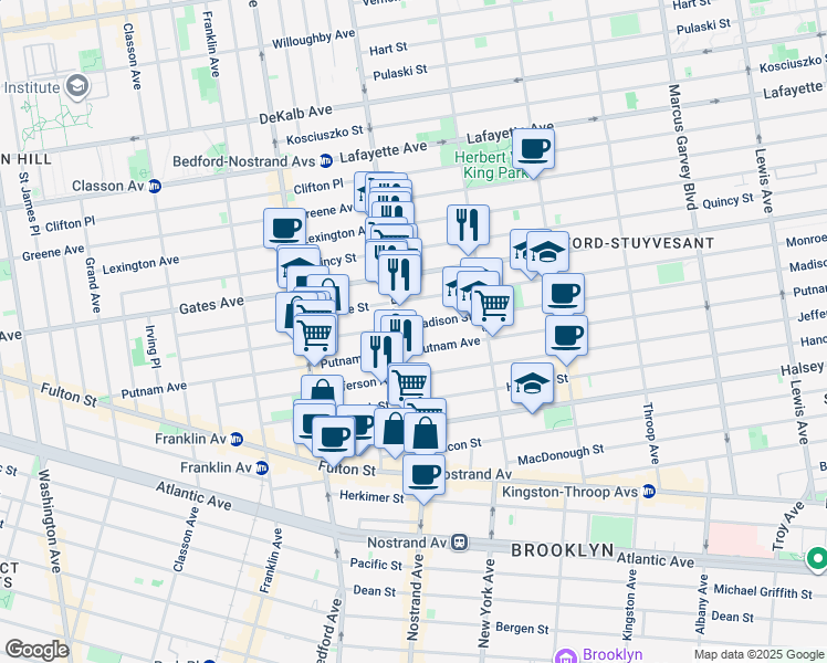 map of restaurants, bars, coffee shops, grocery stores, and more near 224 Madison Street in Brooklyn