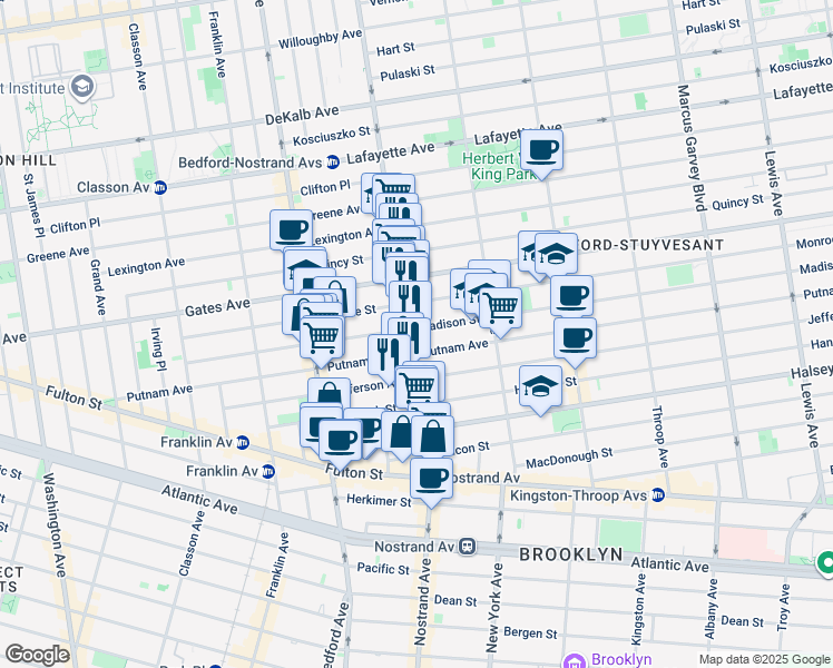 map of restaurants, bars, coffee shops, grocery stores, and more near 224 Madison Street in Brooklyn