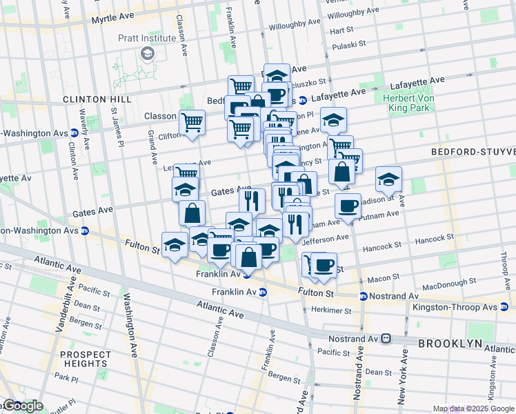map of restaurants, bars, coffee shops, grocery stores, and more near 421 Franklin Avenue in Brooklyn