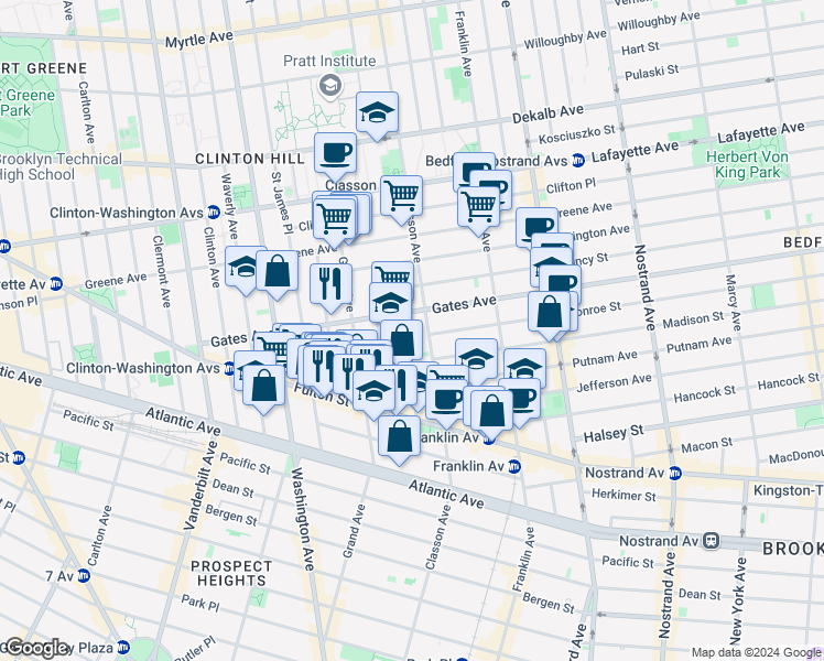 map of restaurants, bars, coffee shops, grocery stores, and more near 170 Gates Avenue in Brooklyn