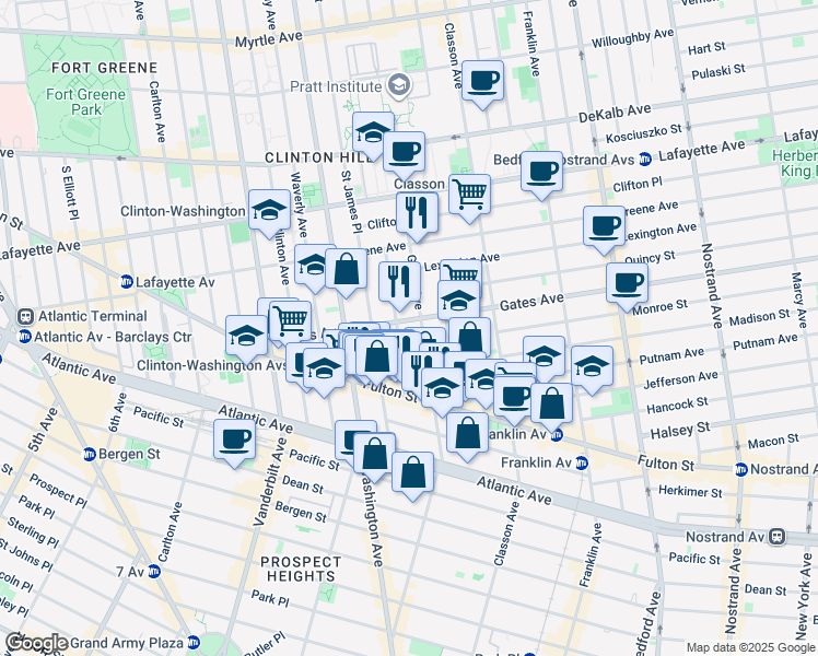 map of restaurants, bars, coffee shops, grocery stores, and more near 377 Grand Avenue in Brooklyn