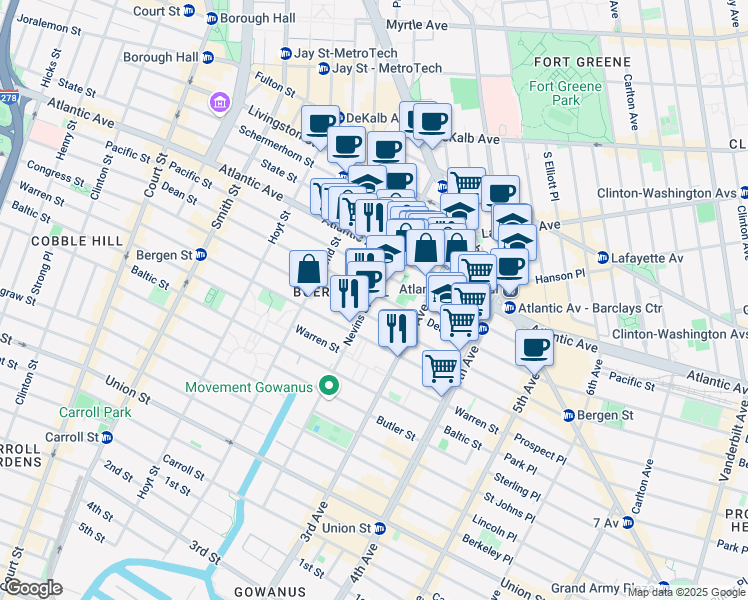 map of restaurants, bars, coffee shops, grocery stores, and more near 268 Dean Street in Brooklyn