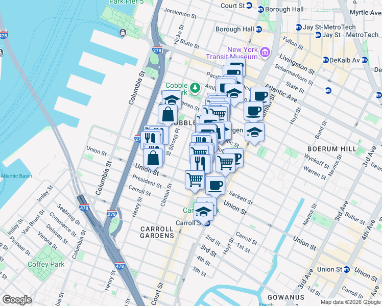 map of restaurants, bars, coffee shops, grocery stores, and more near 253 Degraw Street in Brooklyn